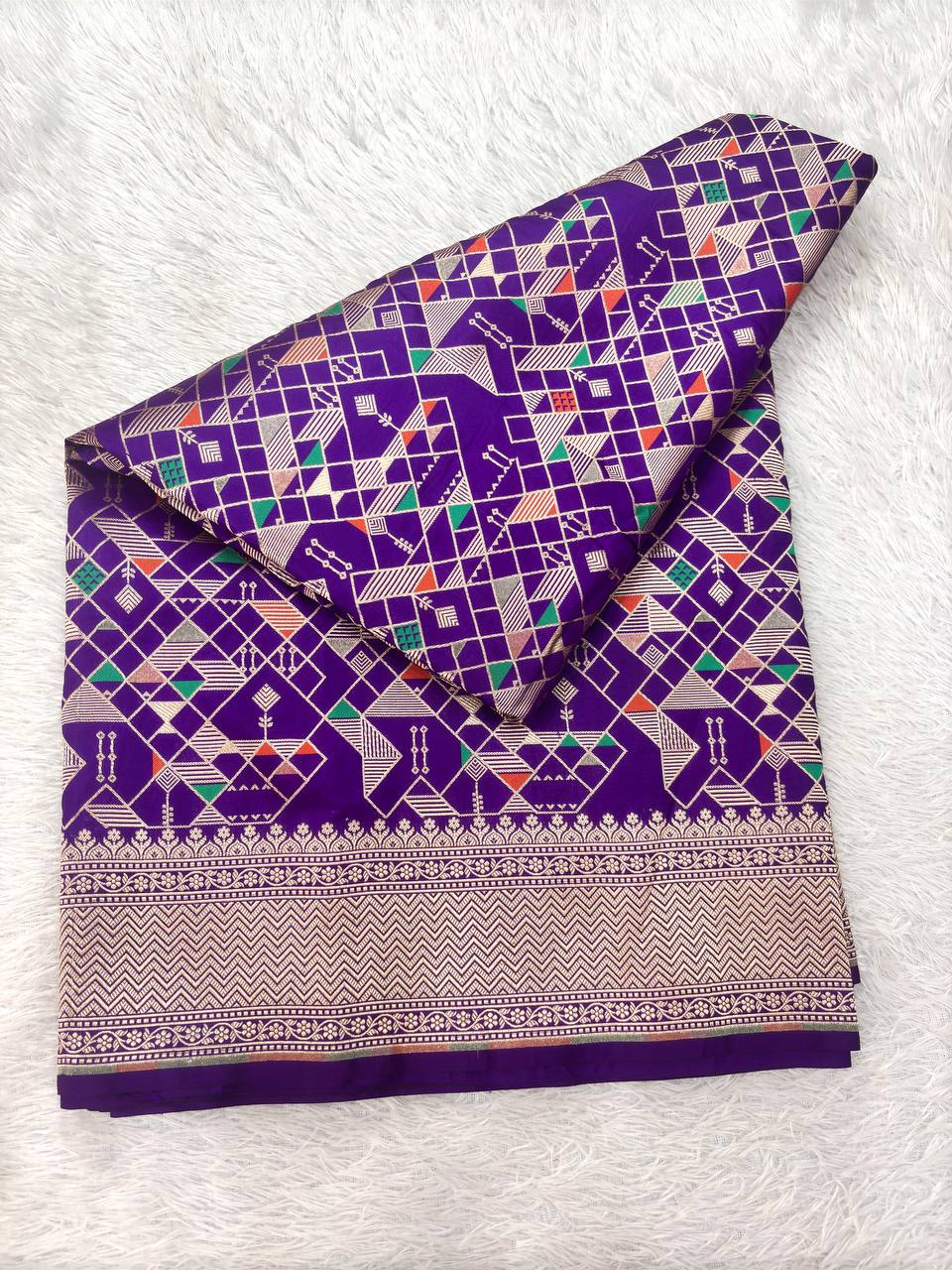 Royal Wine Violet Katan Silk Banarasi Saree | Avant-Garde Geometric Abstract Chowkdi Jaal with Fine Silver Zari & Multicolored Meenakari Accents