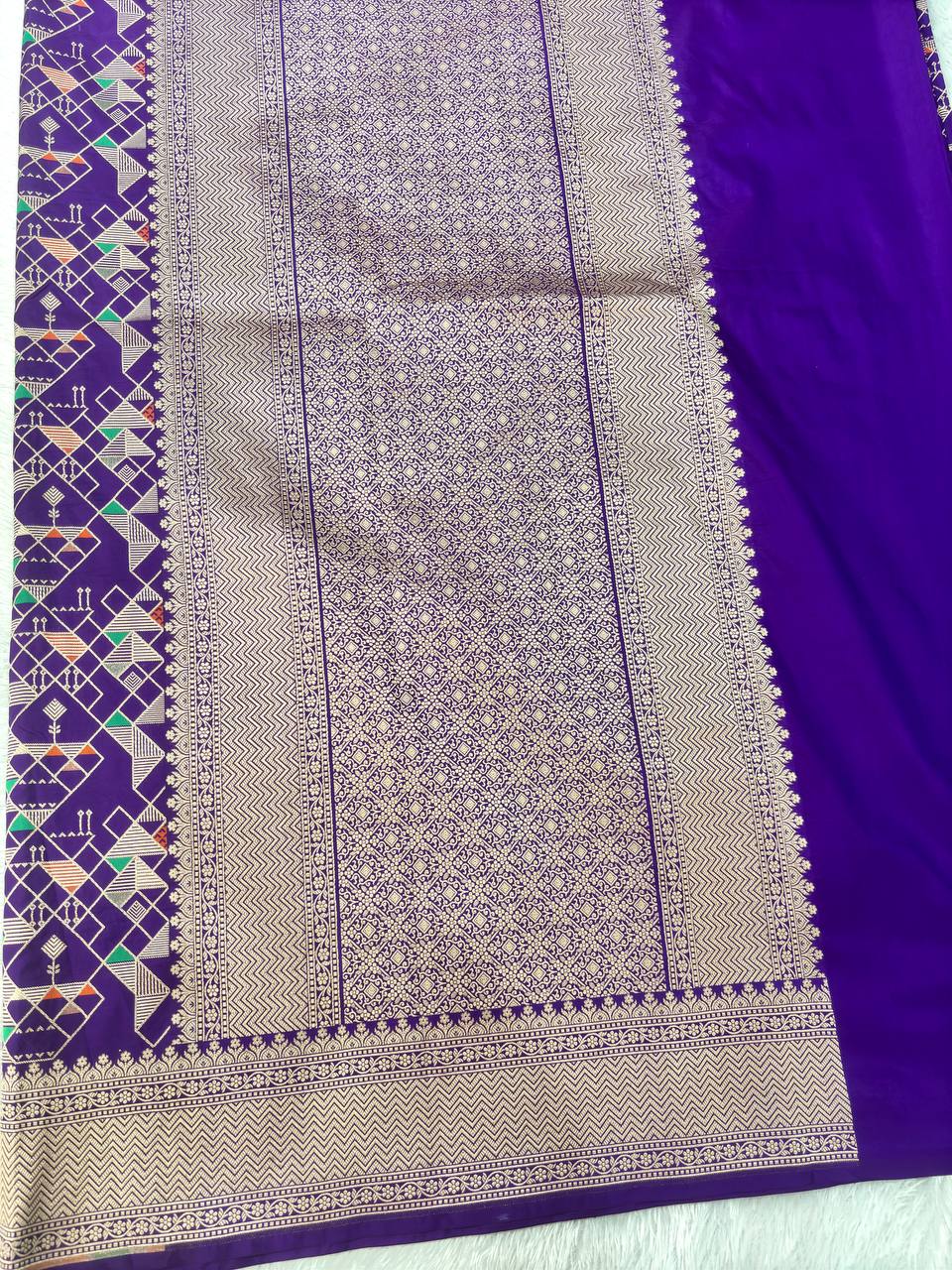 Royal Wine Violet Katan Silk Banarasi Saree | Avant-Garde Geometric Abstract Chowkdi Jaal with Fine Silver Zari & Multicolored Meenakari Accents