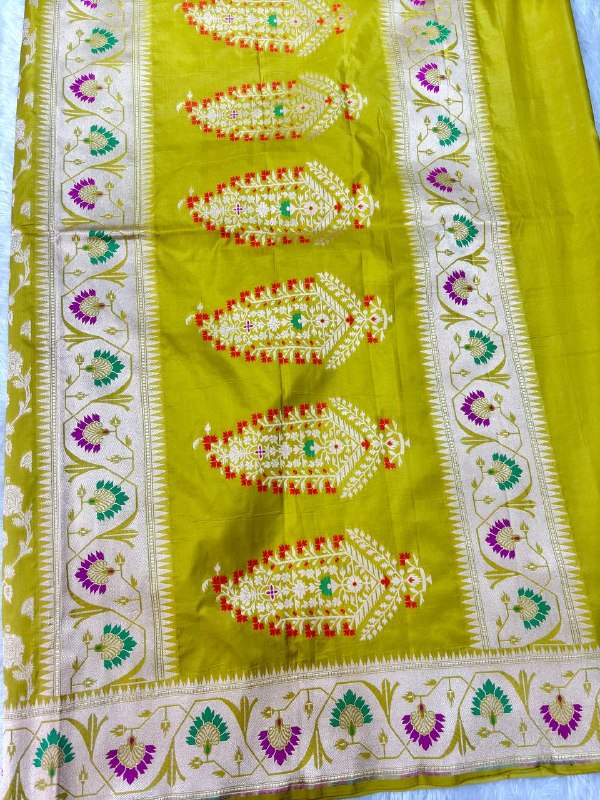 Luminous Olive Chartreuse Katan Silk Banarasi Saree | Fine Cutwork Silver Jangal Floral Vines & Contrast Cream Ivory Border with Meenakari Trees
