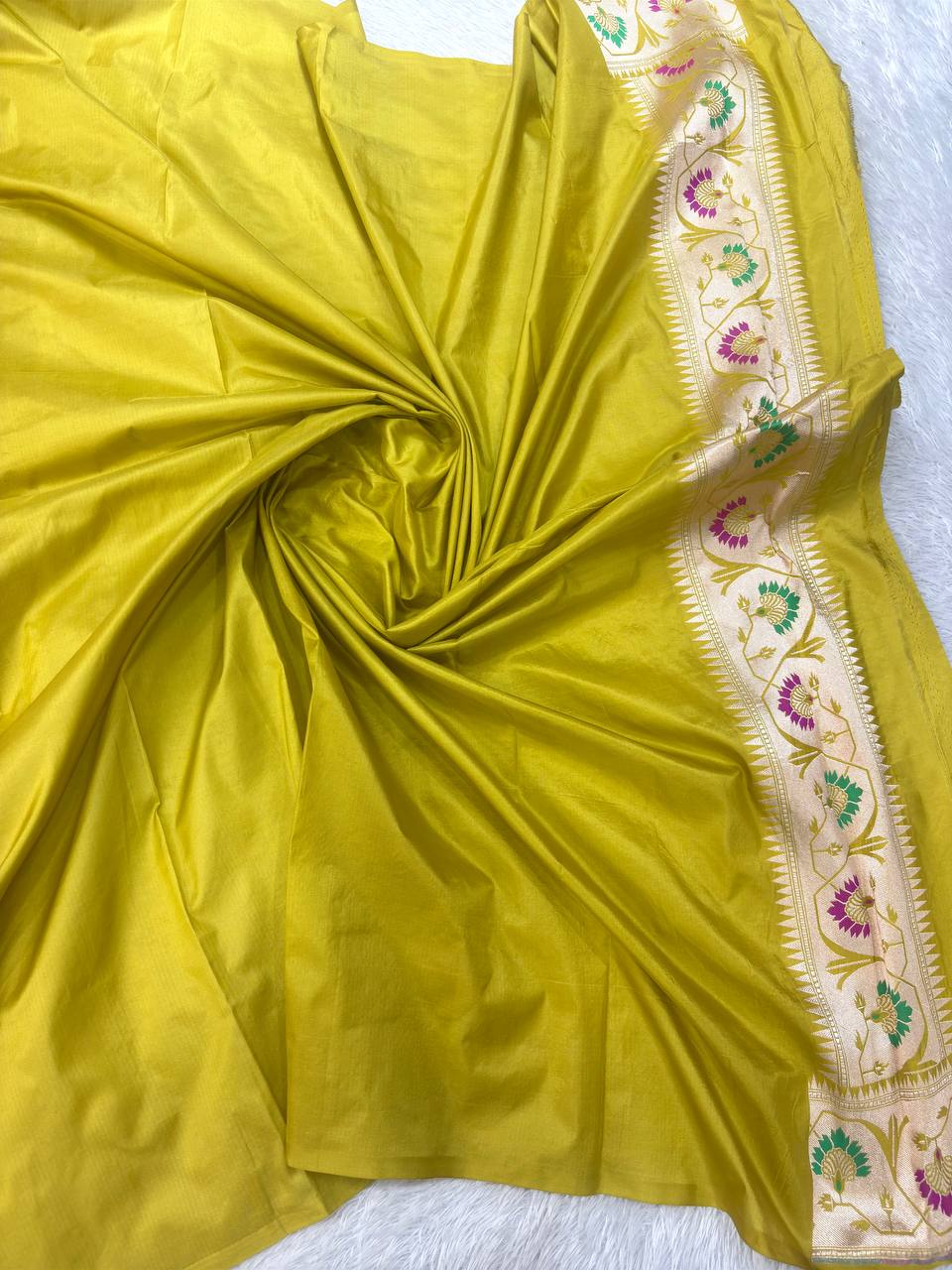 Luminous Olive Chartreuse Katan Silk Banarasi Saree | Fine Cutwork Silver Jangal Floral Vines & Contrast Cream Ivory Border with Meenakari Trees