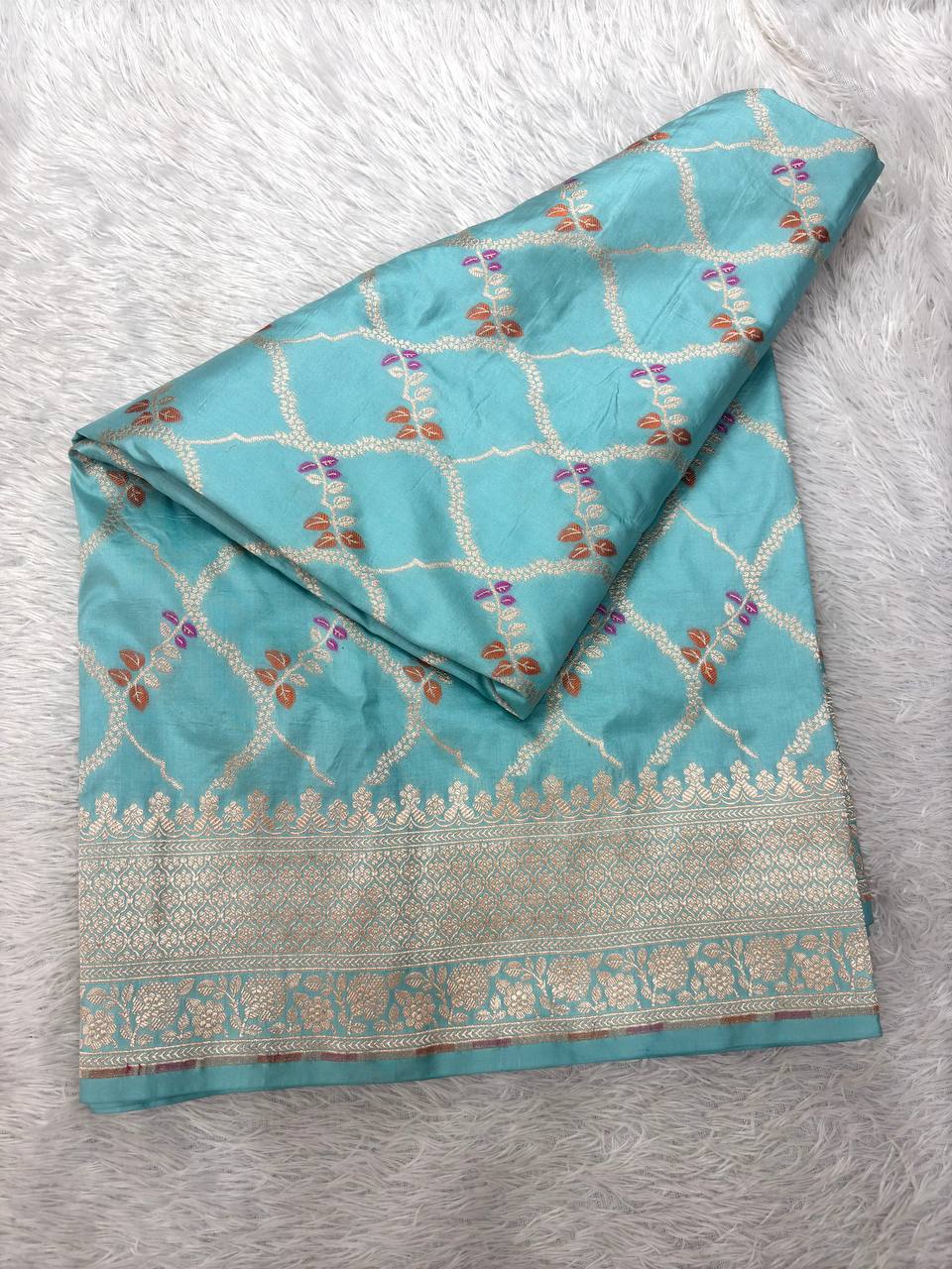 Ice Blue Aquamarine Katan Silk Banarasi Saree | Antique Gold Kadhua Chowkdi Lattice & Meenakari Twig Leaf Boota
