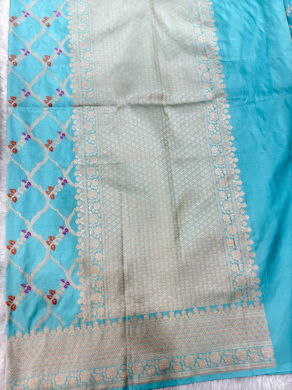 Ice Blue Aquamarine Katan Silk Banarasi Saree | Antique Gold Kadhua Chowkdi Lattice & Meenakari Twig Leaf Boota