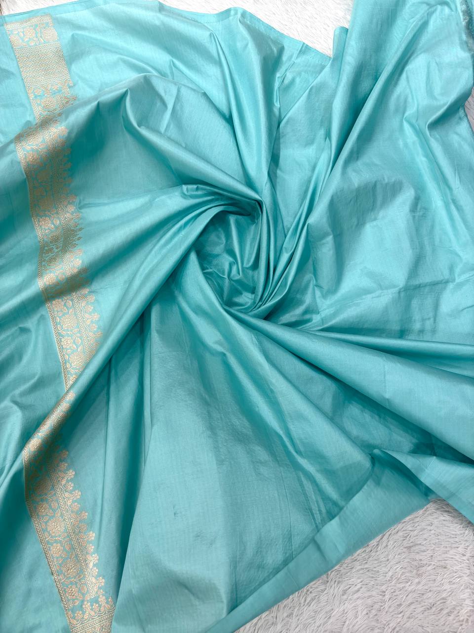 Ice Blue Aquamarine Katan Silk Banarasi Saree | Antique Gold Kadhua Chowkdi Lattice & Meenakari Twig Leaf Boota