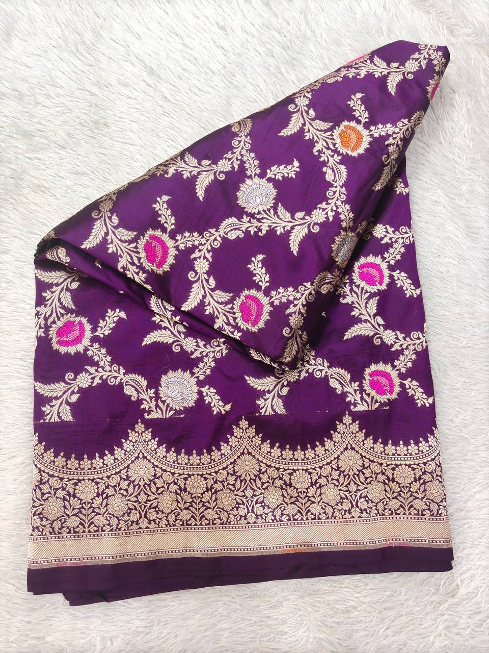 Royal Wine Violet Katan Silk Banarasi Saree | Opulent All-Over Jangal Floral Vines with Sona Rupa Zari & Jeweled Hand Meenakari