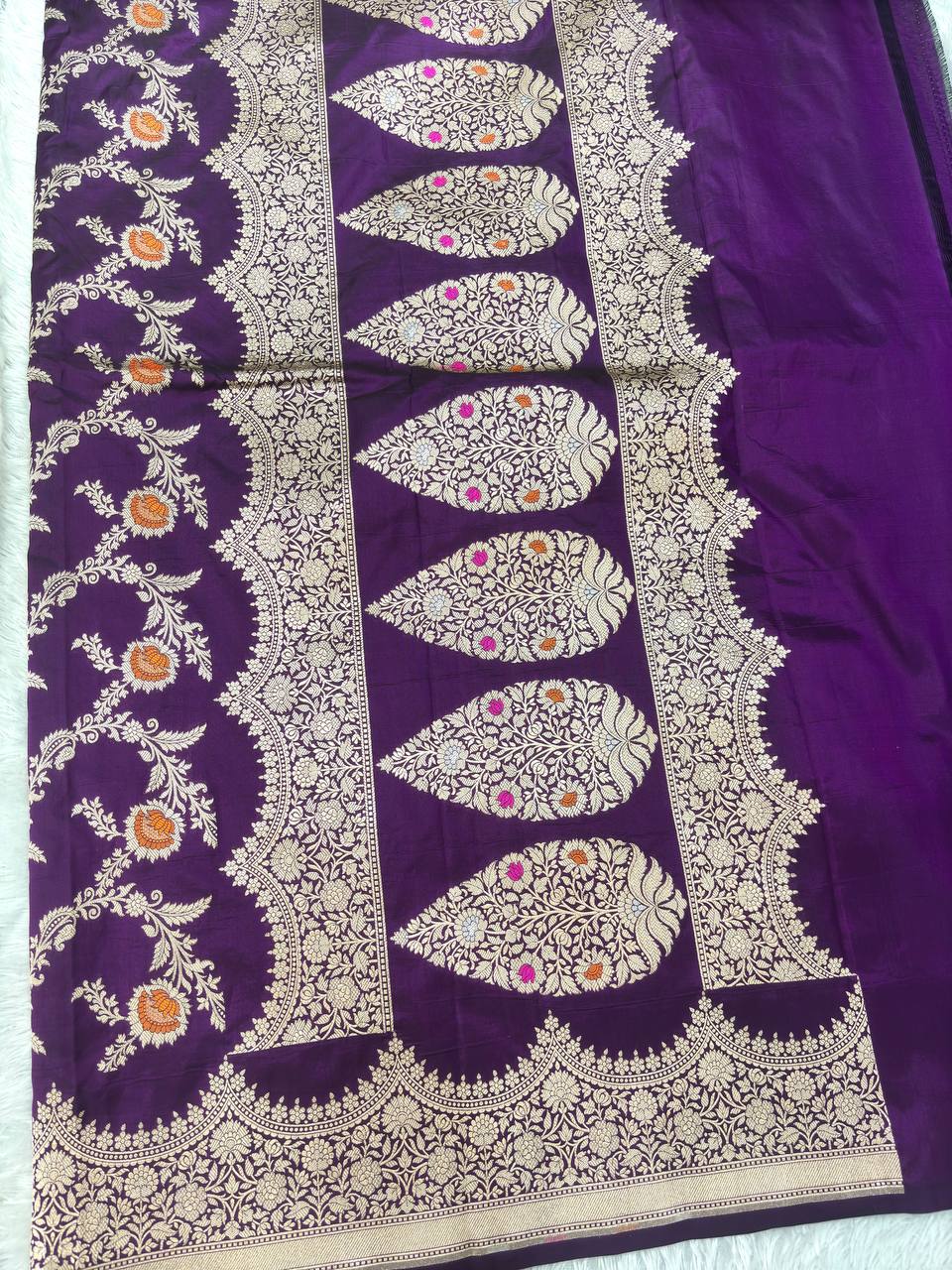 Royal Wine Violet Katan Silk Banarasi Saree | Opulent All-Over Jangal Floral Vines with Sona Rupa Zari & Jeweled Hand Meenakari