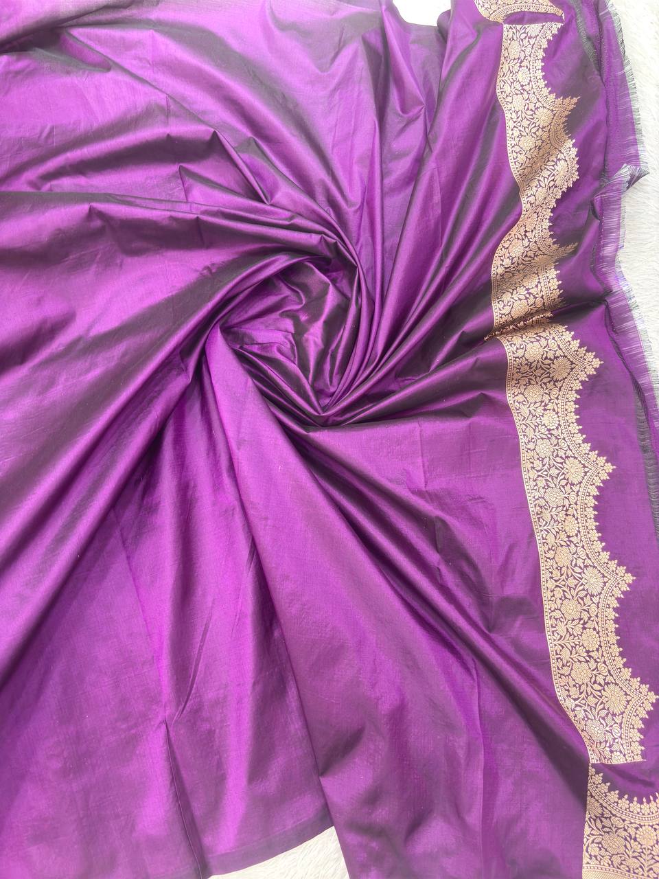 Royal Wine Violet Katan Silk Banarasi Saree | Opulent All-Over Jangal Floral Vines with Sona Rupa Zari & Jeweled Hand Meenakari