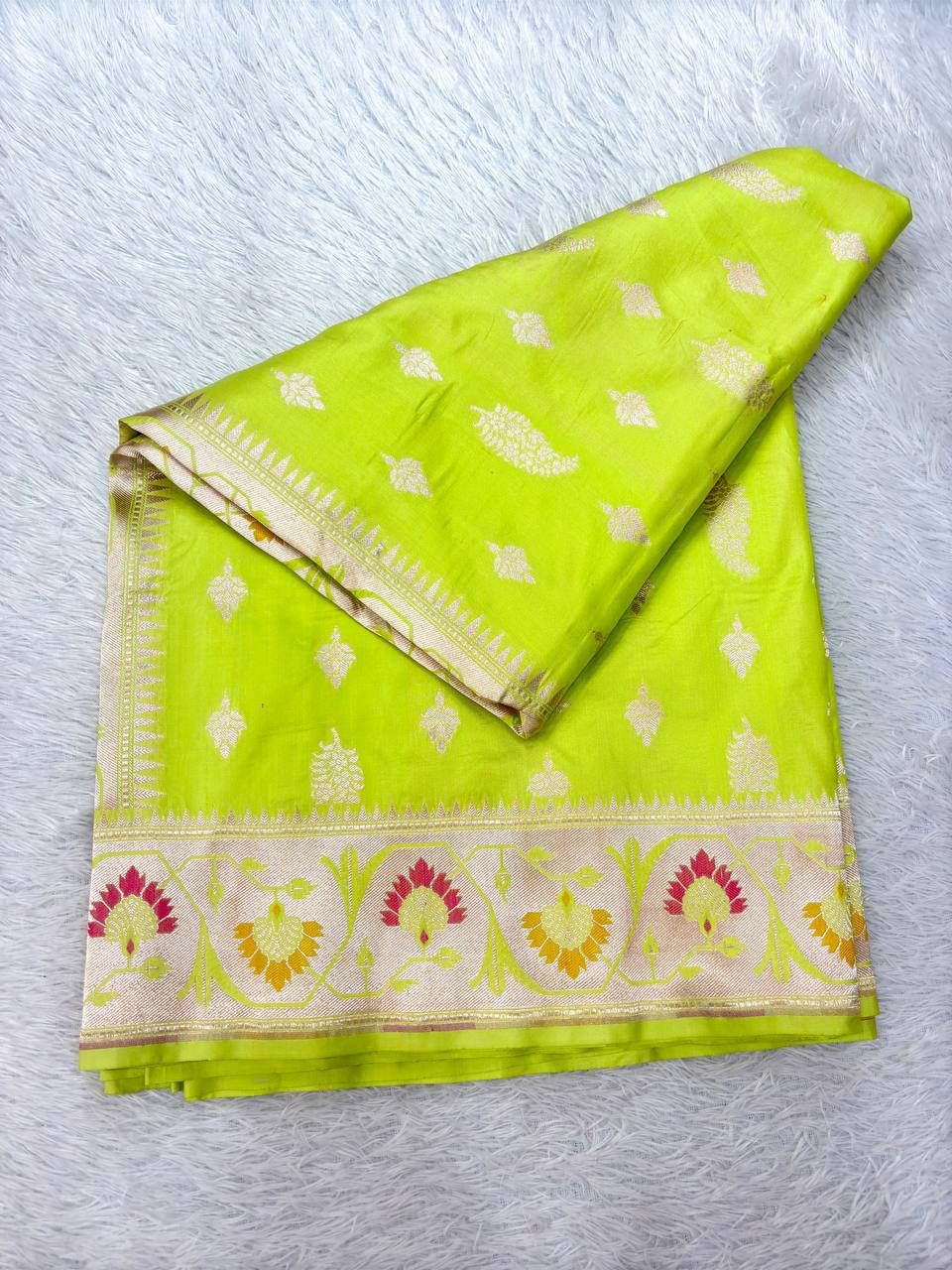 Luminous Chartreuse Lime Katan Silk Banarasi Saree | Delicate Cutwork Kadhua Paisley & Contrast Cream Ivory Border with Meenakari Floral Trees