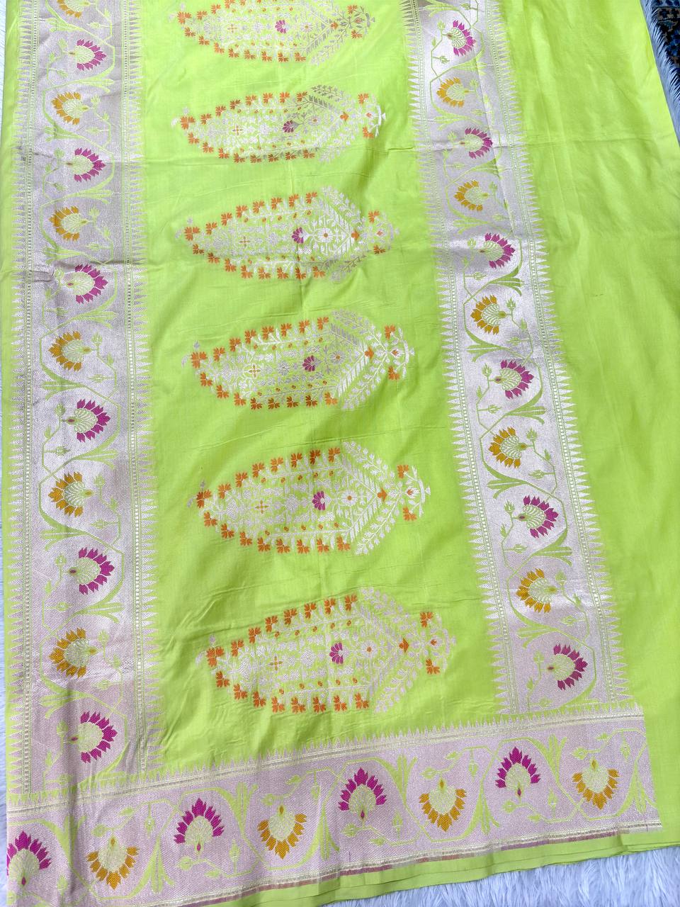 Luminous Chartreuse Lime Katan Silk Banarasi Saree | Delicate Cutwork Kadhua Paisley & Contrast Cream Ivory Border with Meenakari Floral Trees