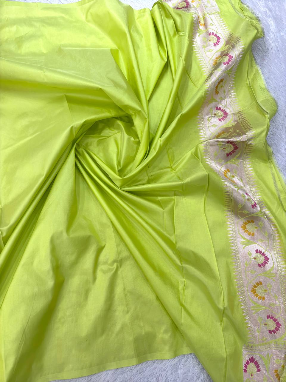 Luminous Chartreuse Lime Katan Silk Banarasi Saree | Delicate Cutwork Kadhua Paisley & Contrast Cream Ivory Border with Meenakari Floral Trees