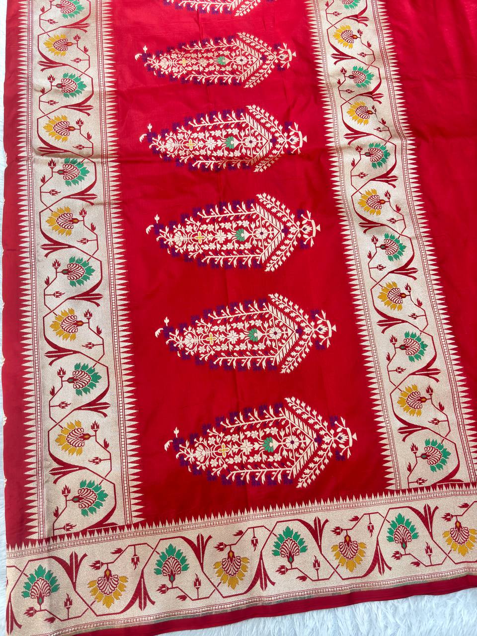 Bridal Crimson Red Katan Silk Banarasi Saree | Delicate Cutwork Kadhua Paisley & Contrast Cream Ivory Border with Meenakari Floral Trees