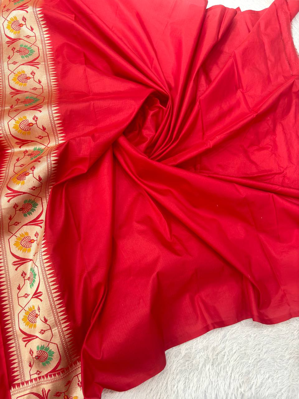 Bridal Crimson Red Katan Silk Banarasi Saree | Delicate Cutwork Kadhua Paisley & Contrast Cream Ivory Border with Meenakari Floral Trees