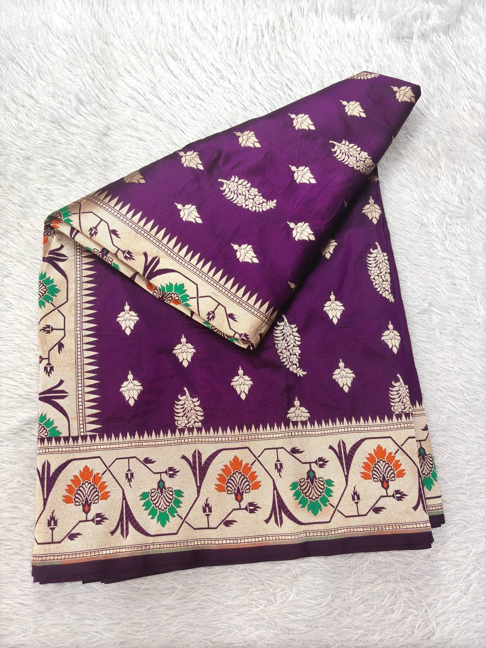 Royal Wine Violet Katan Silk Banarasi Saree | Delicate Cutwork Kadhua Paisley & Contrast Cream Ivory Border with Meenakari Floral Trees
