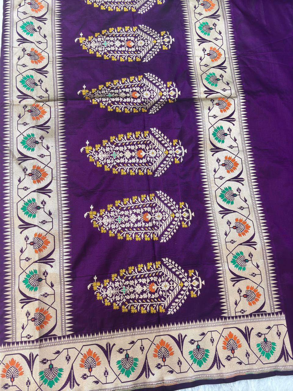 Royal Wine Violet Katan Silk Banarasi Saree | Delicate Cutwork Kadhua Paisley & Contrast Cream Ivory Border with Meenakari Floral Trees