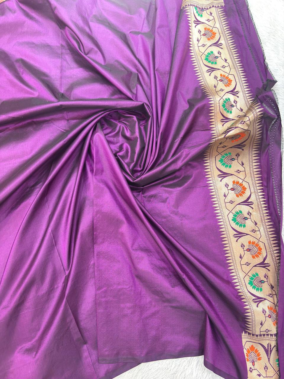 Royal Wine Violet Katan Silk Banarasi Saree | Delicate Cutwork Kadhua Paisley & Contrast Cream Ivory Border with Meenakari Floral Trees