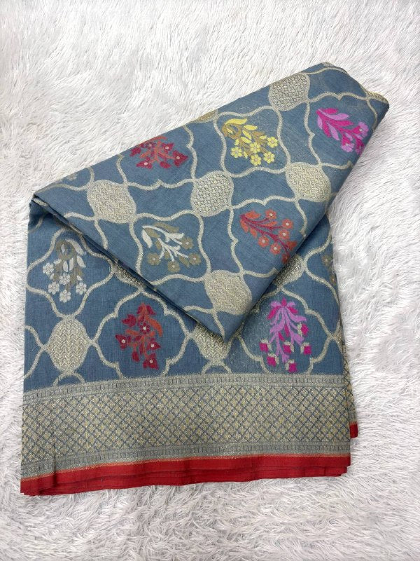 Steel Blue Slate Linen Cotton Banarasi Jamdani Saree | Architectural Ogee Lattice Jaal with Muted Gold Zari & Multicolored Resham Floral Trees