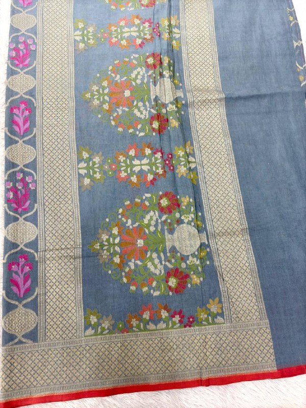 Steel Blue Slate Linen Cotton Banarasi Jamdani Saree | Architectural Ogee Lattice Jaal with Muted Gold Zari & Multicolored Resham Floral Trees