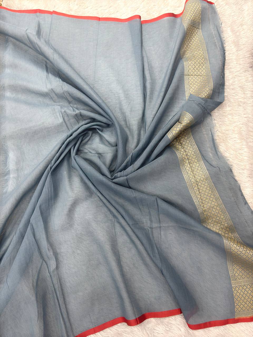 Steel Blue Slate Linen Cotton Banarasi Jamdani Saree | Architectural Ogee Lattice Jaal with Muted Gold Zari & Multicolored Resham Floral Trees