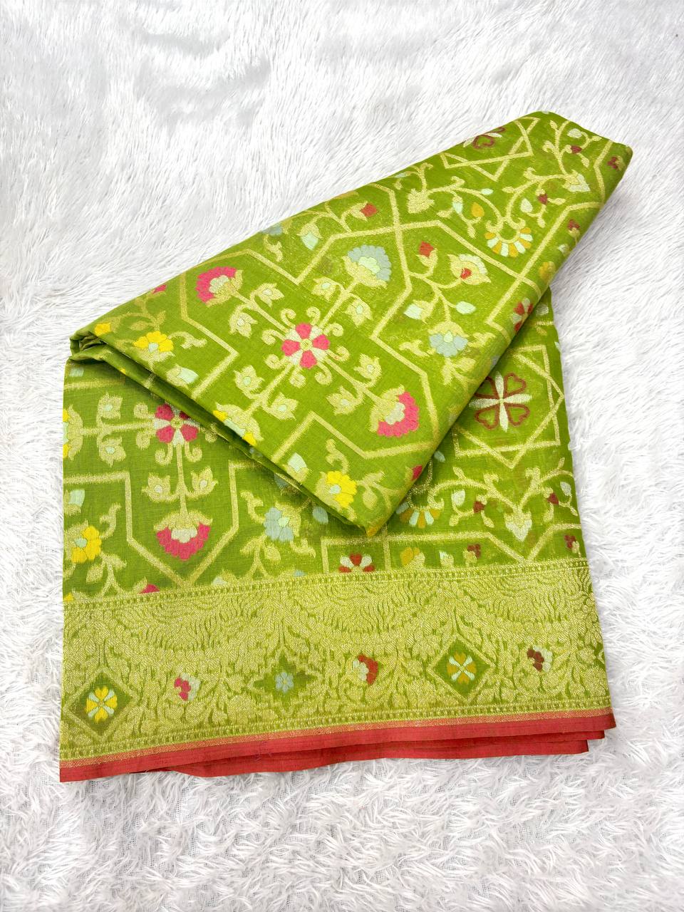 Luminous Chartreuse Lime Linen Cotton Banarasi Jamdani Saree | Geometric Hexagonal Lattice Jaal with Muted Gold Zari & Multicolored Resham Floral Trees