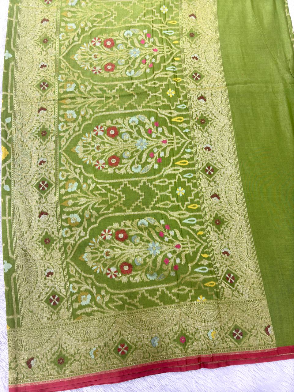 Luminous Chartreuse Lime Linen Cotton Banarasi Jamdani Saree | Geometric Hexagonal Lattice Jaal with Muted Gold Zari & Multicolored Resham Floral Trees