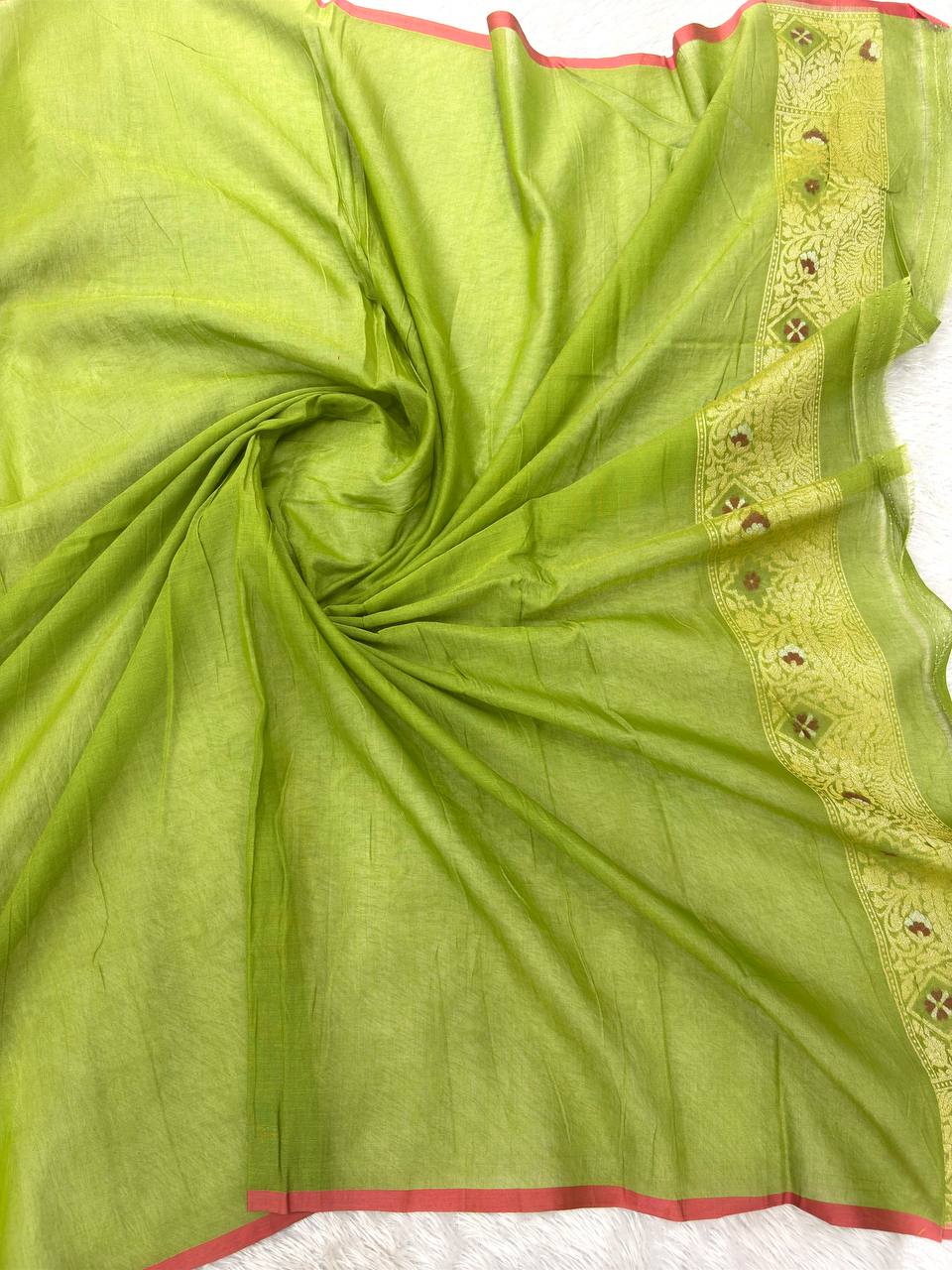 Luminous Chartreuse Lime Linen Cotton Banarasi Jamdani Saree | Geometric Hexagonal Lattice Jaal with Muted Gold Zari & Multicolored Resham Floral Trees