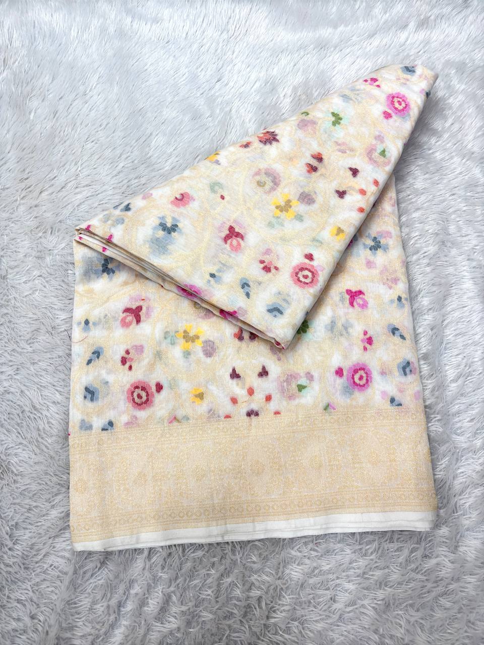 Heirloom Cream Ivory Linen Cotton Banarasi Jamdani Saree | Delicate Ogee Lattice Jaal with Muted Gold Zari & Multicolored Pastel Resham Bootis