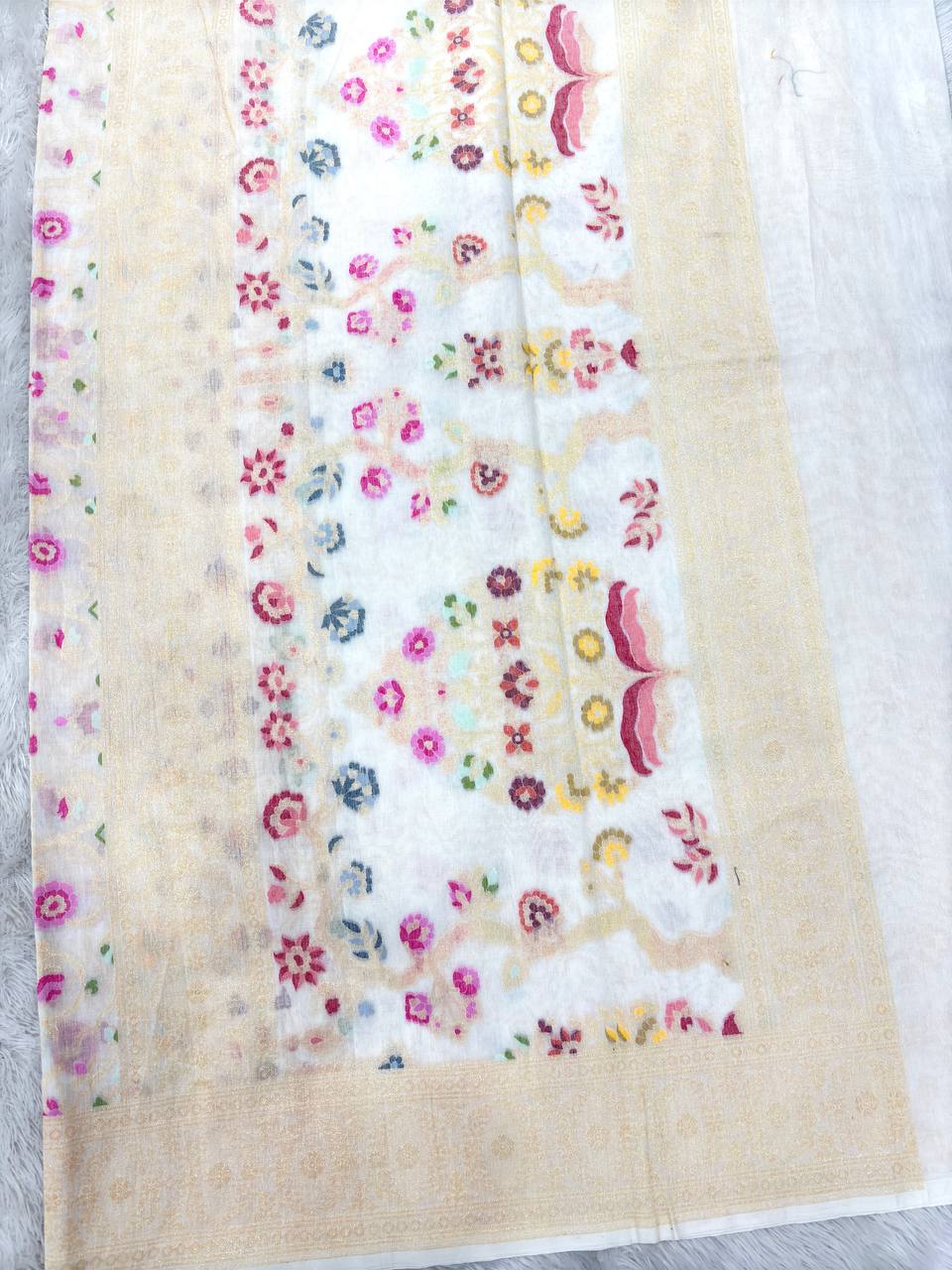 Heirloom Cream Ivory Linen Cotton Banarasi Jamdani Saree | Delicate Ogee Lattice Jaal with Muted Gold Zari & Multicolored Pastel Resham Bootis
