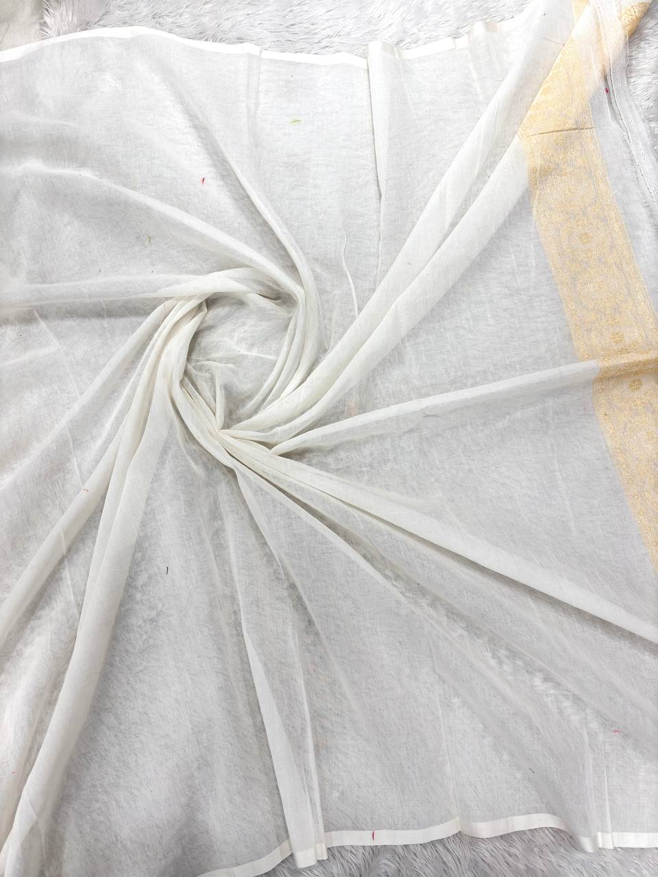 Heirloom Cream Ivory Linen Cotton Banarasi Jamdani Saree | Delicate Ogee Lattice Jaal with Muted Gold Zari & Multicolored Pastel Resham Bootis