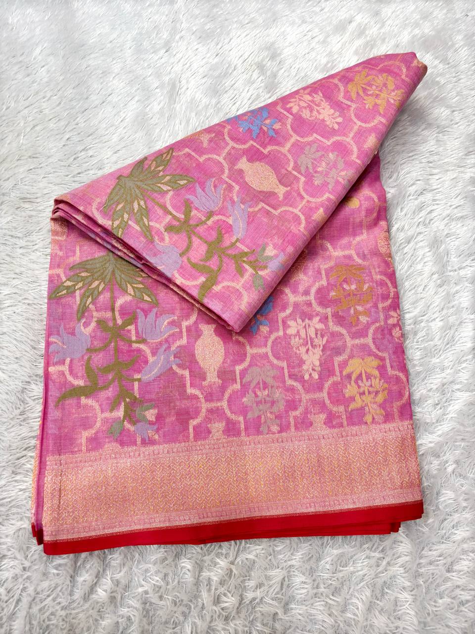 Blush Lotus Pink Linen Cotton Banarasi Jamdani Saree | Architectural Ogee Lattice Jaal with Muted Gold Zari, Kalash Motifs & Detailed Floral Meenakari