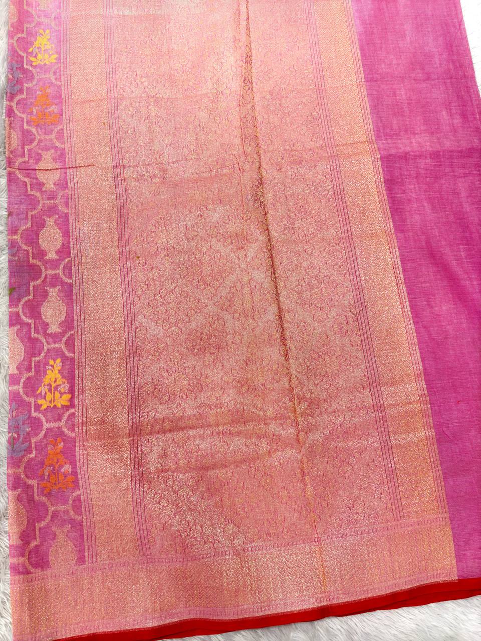 Blush Lotus Pink Linen Cotton Banarasi Jamdani Saree | Architectural Ogee Lattice Jaal with Muted Gold Zari, Kalash Motifs & Detailed Floral Meenakari
