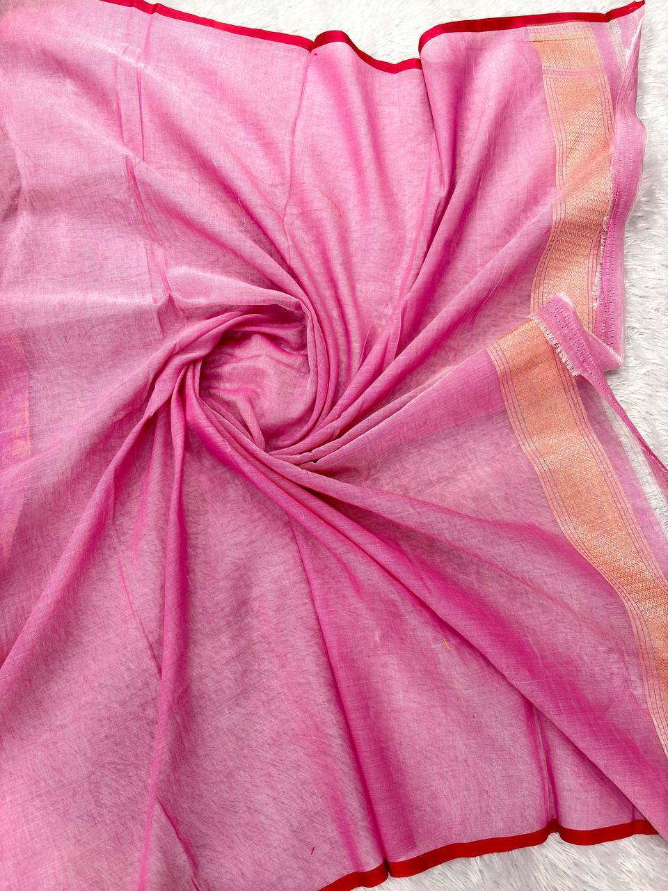 Blush Lotus Pink Linen Cotton Banarasi Jamdani Saree | Architectural Ogee Lattice Jaal with Muted Gold Zari, Kalash Motifs & Detailed Floral Meenakari