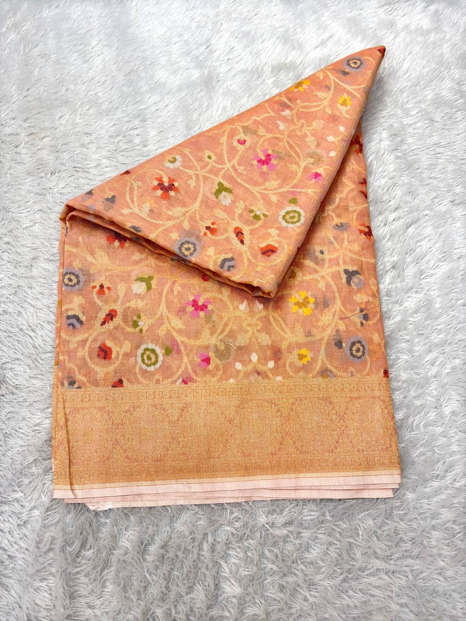 Delicate Peach Coral Linen Cotton Banarasi Jamdani Saree | All-Over Hand-Woven Scrolling Floral Vines with Muted Sona Zari & Pastel Resham Meenakari