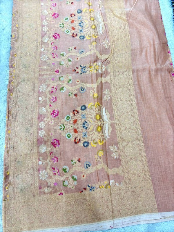 Delicate Peach Coral Linen Cotton Banarasi Jamdani Saree | All-Over Hand-Woven Scrolling Floral Vines with Muted Sona Zari & Pastel Resham Meenakari