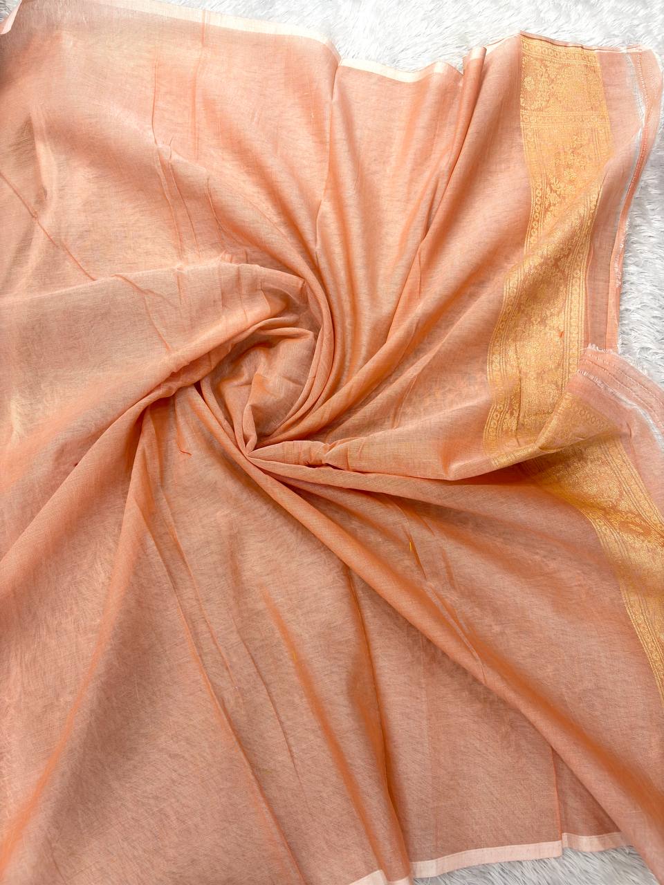 Delicate Peach Coral Linen Cotton Banarasi Jamdani Saree | All-Over Hand-Woven Scrolling Floral Vines with Muted Sona Zari & Pastel Resham Meenakari