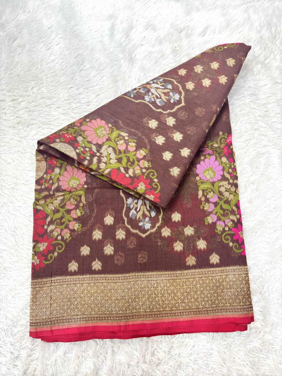 Deep Espresso Coffee Brown Linen Cotton Banarasi Jamdani Saree | Traditional Kadhua Chowkdi Booti & Elaborate Meenakari Floral Paisleys