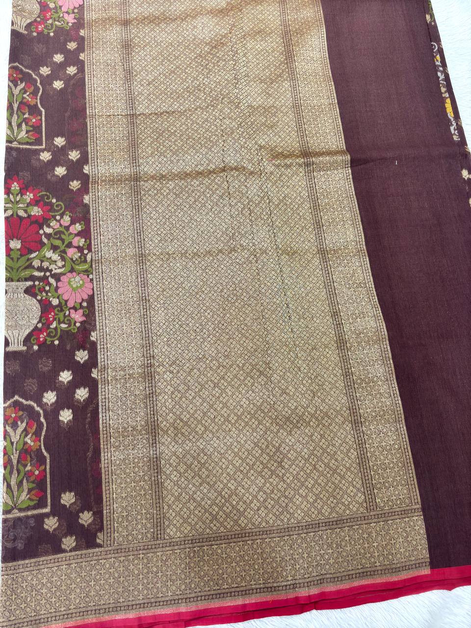 Deep Espresso Coffee Brown Linen Cotton Banarasi Jamdani Saree | Traditional Kadhua Chowkdi Booti & Elaborate Meenakari Floral Paisleys