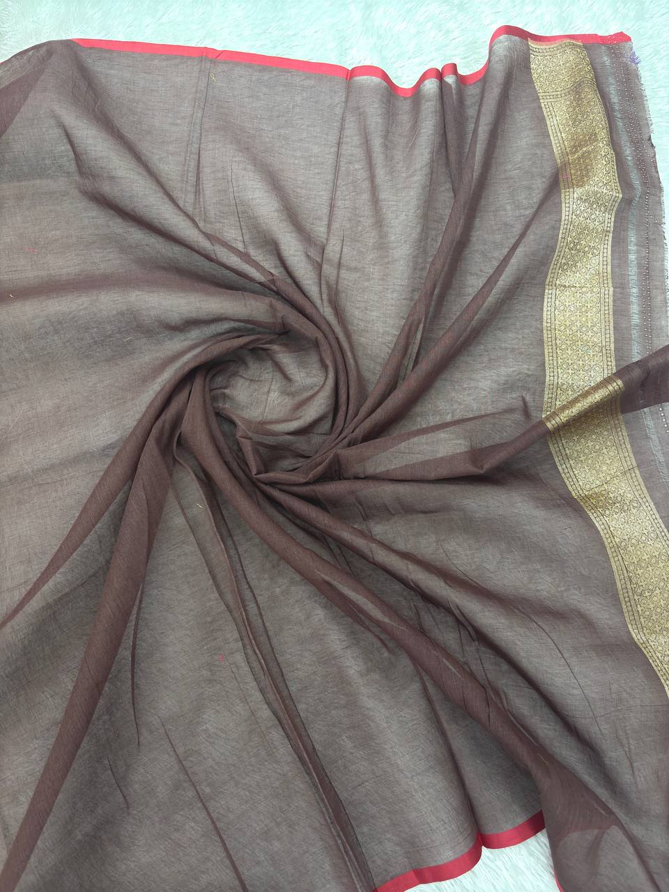 Deep Espresso Coffee Brown Linen Cotton Banarasi Jamdani Saree | Traditional Kadhua Chowkdi Booti & Elaborate Meenakari Floral Paisleys