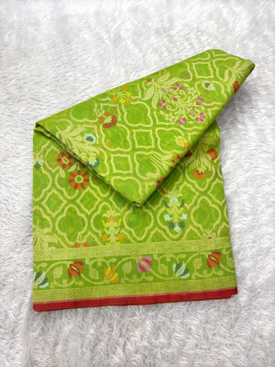 Luminous Chartreuse Lime Linen Cotton Banarasi Jamdani Saree | All-Over Ogee Lattice Jaal with Muted Gold Zari & Multicolored Resham Floral Bootas