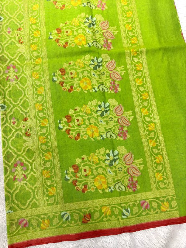 Luminous Chartreuse Lime Linen Cotton Banarasi Jamdani Saree | All-Over Ogee Lattice Jaal with Muted Gold Zari & Multicolored Resham Floral Bootas