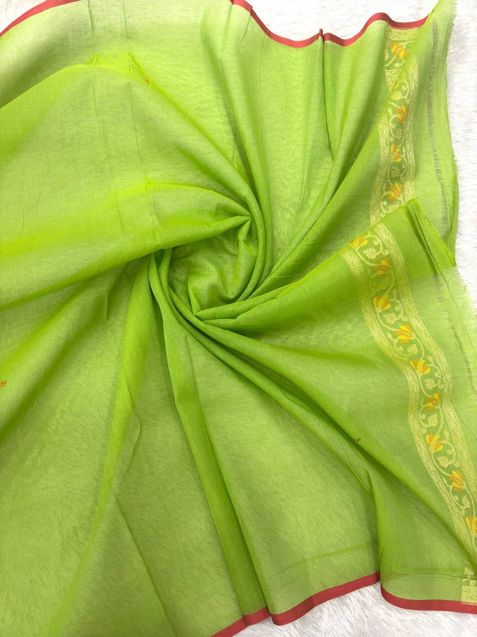 Luminous Chartreuse Lime Linen Cotton Banarasi Jamdani Saree | All-Over Ogee Lattice Jaal with Muted Gold Zari & Multicolored Resham Floral Bootas
