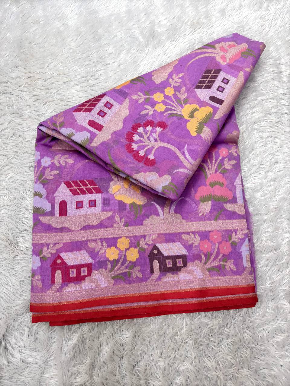 Vibrant Orchid Lavender Linen Cotton Banarasi Jamdani Saree | Scenic Scenery Village Landscape Weave with Muted Gold Zari & Colorful Resham Details