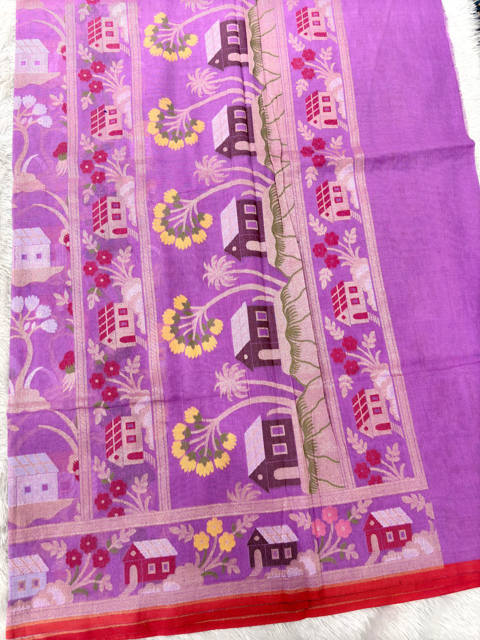 Vibrant Orchid Lavender Linen Cotton Banarasi Jamdani Saree | Scenic Scenery Village Landscape Weave with Muted Gold Zari & Colorful Resham Details