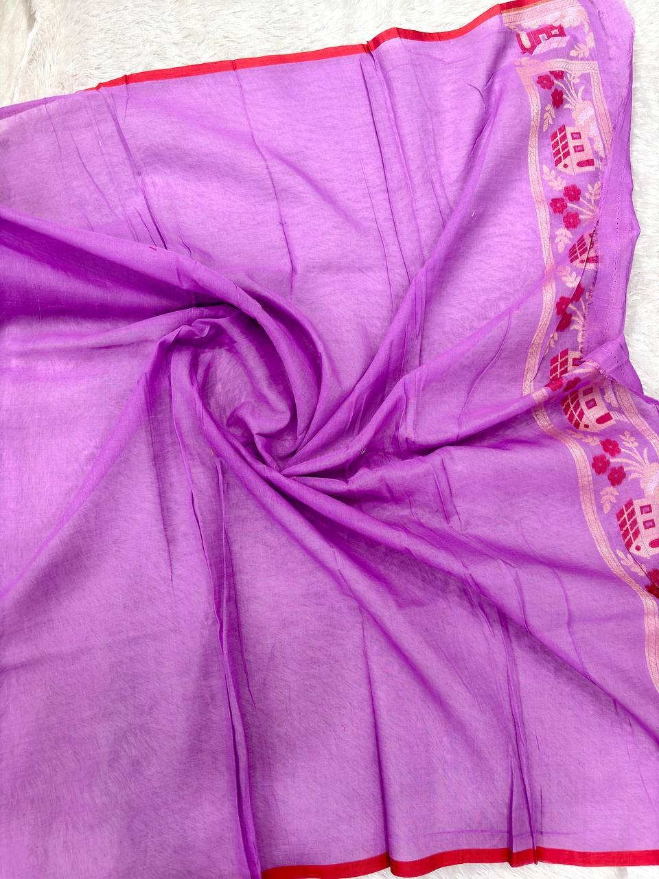 Vibrant Orchid Lavender Linen Cotton Banarasi Jamdani Saree | Scenic Scenery Village Landscape Weave with Muted Gold Zari & Colorful Resham Details