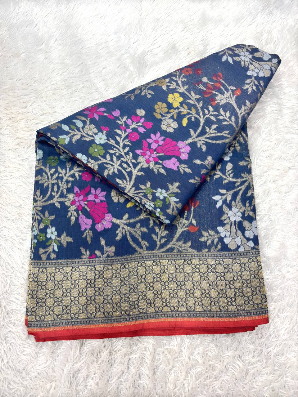 Midnight Indigo Blue Linen Cotton Banarasi Jamdani Saree | All-Over Hand-Woven Floral Jangal Vines with Muted Gold Zari & Multicolored Resham Meenakari