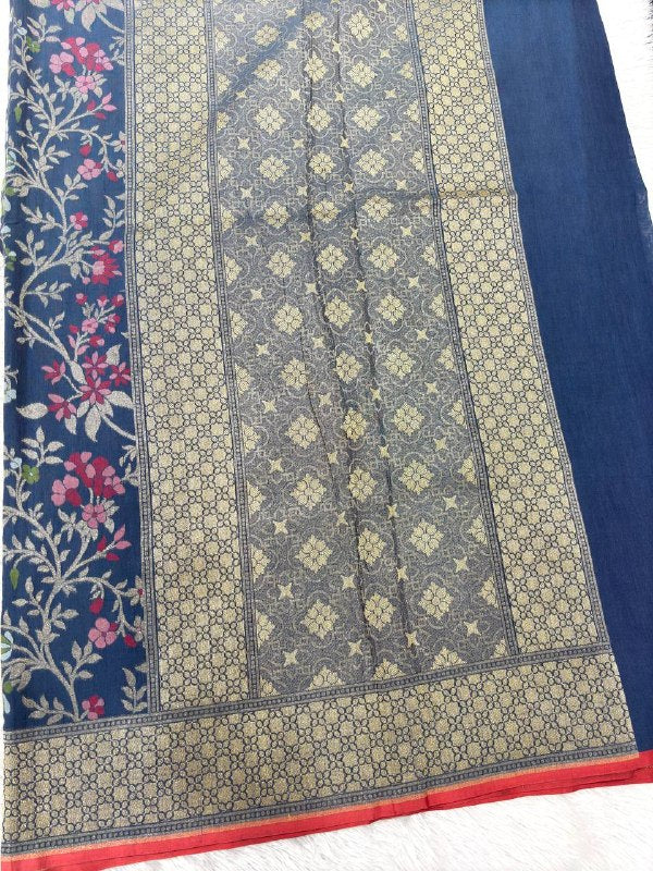 Midnight Indigo Blue Linen Cotton Banarasi Jamdani Saree | All-Over Hand-Woven Floral Jangal Vines with Muted Gold Zari & Multicolored Resham Meenakari