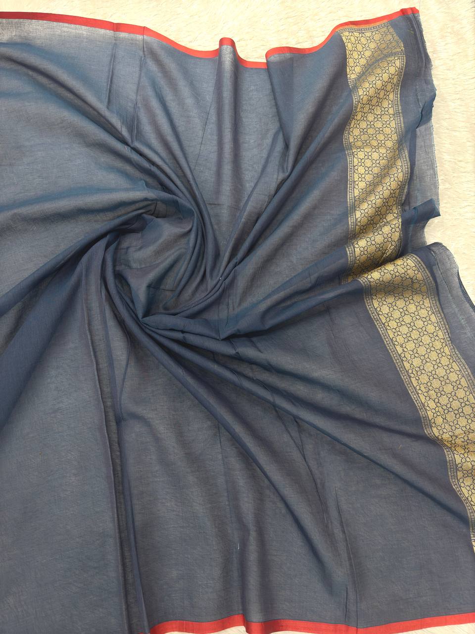 Midnight Indigo Blue Linen Cotton Banarasi Jamdani Saree | All-Over Hand-Woven Floral Jangal Vines with Muted Gold Zari & Multicolored Resham Meenakari