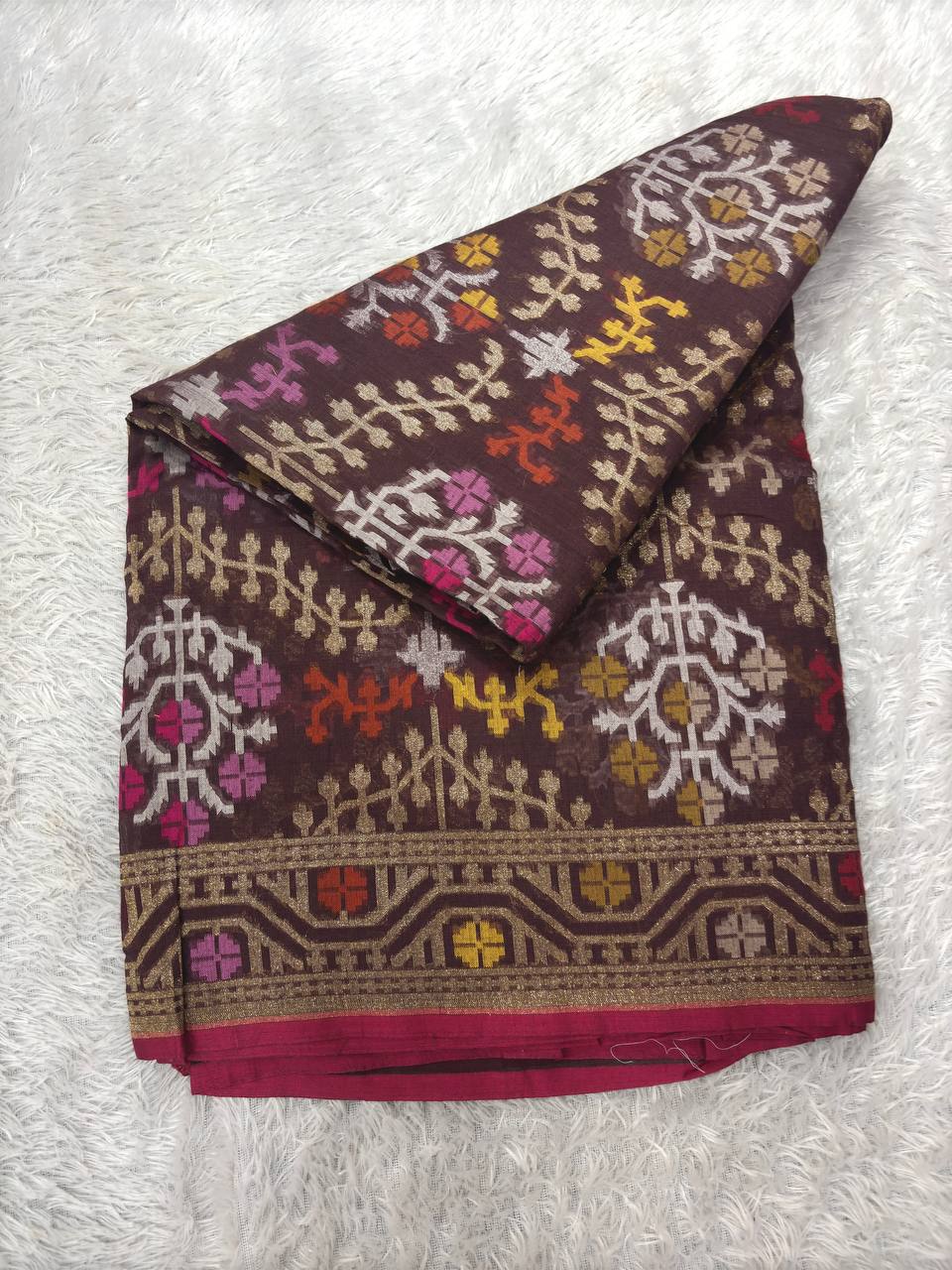 Deep Espresso Coffee Brown Linen Cotton Banarasi Jamdani Saree | Geometric Ikat-Inspired Tree of Life Jaal with Antique Gold Zari & Multicolored Resham