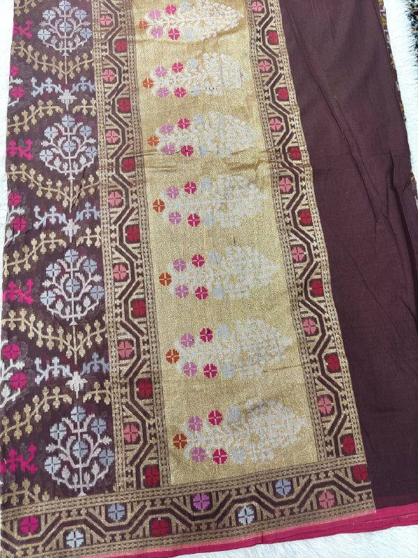 Deep Espresso Coffee Brown Linen Cotton Banarasi Jamdani Saree | Geometric Ikat-Inspired Tree of Life Jaal with Antique Gold Zari & Multicolored Resham