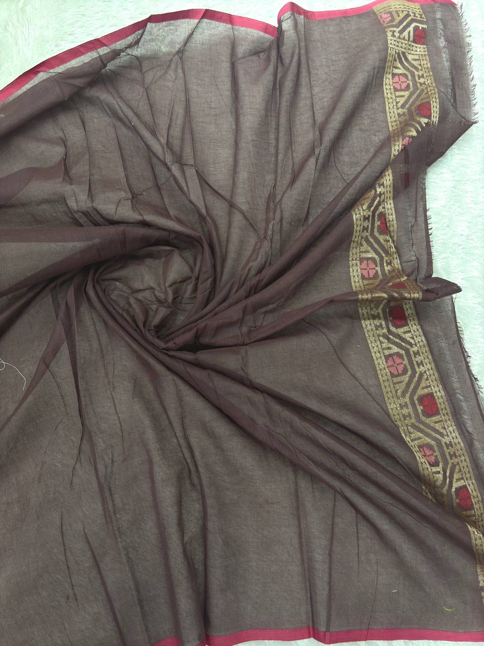 Deep Espresso Coffee Brown Linen Cotton Banarasi Jamdani Saree | Geometric Ikat-Inspired Tree of Life Jaal with Antique Gold Zari & Multicolored Resham