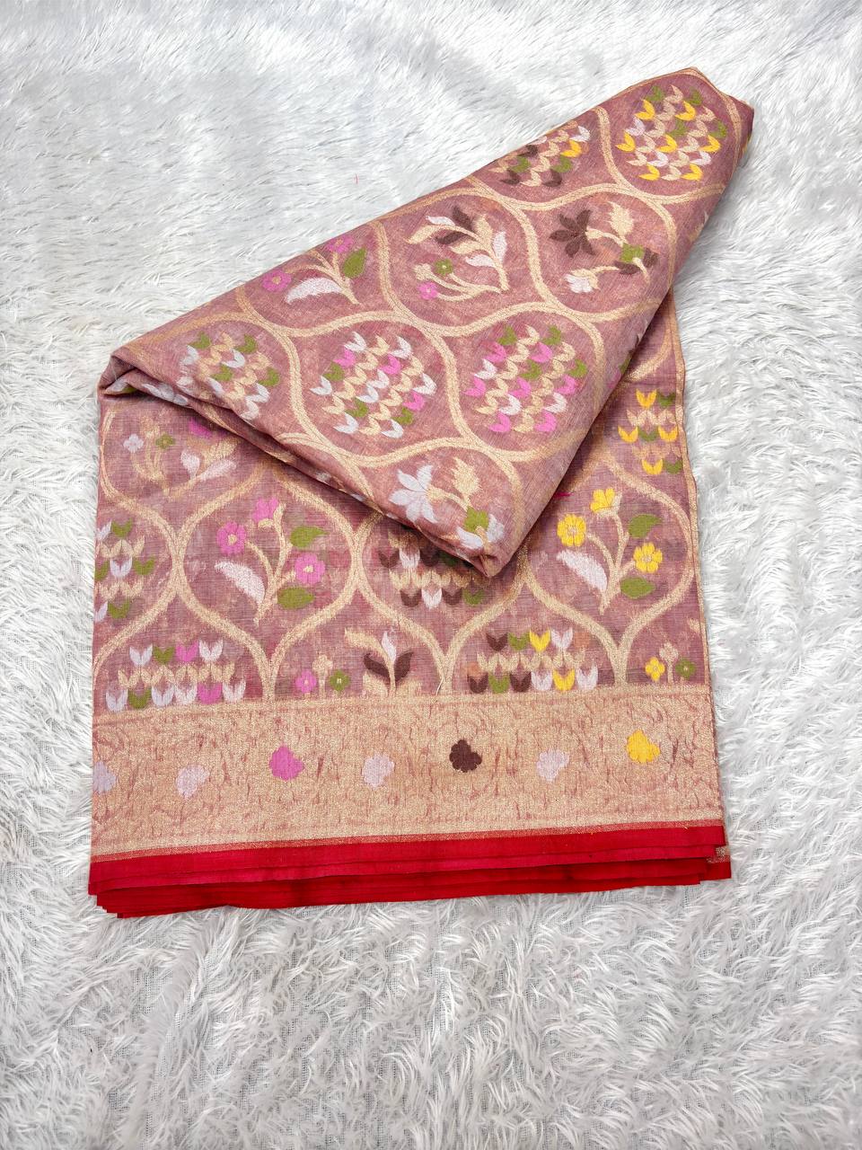 Onion Pink Linen Cotton Banarasi Jamdani Saree | All-Over Ogee Lattice Jaal with Muted Sona Zari & Multicolored Resham Floral Bootas