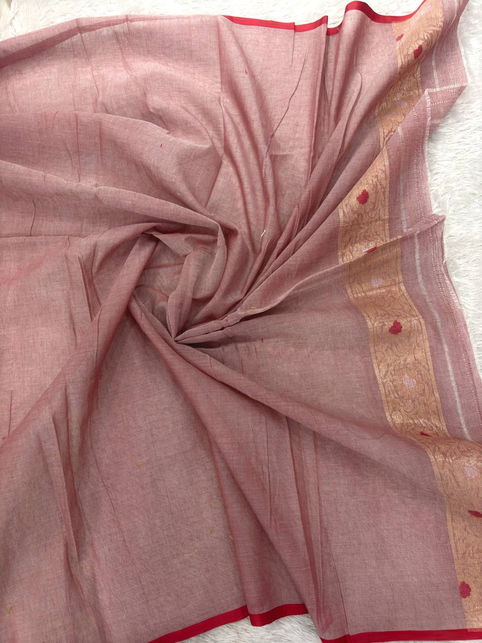 Onion Pink Linen Cotton Banarasi Jamdani Saree | All-Over Ogee Lattice Jaal with Muted Sona Zari & Multicolored Resham Floral Bootas